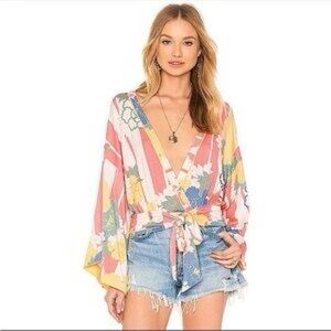 Free People That’s a Wrap Floral Bell Sleeve Tie Front Top